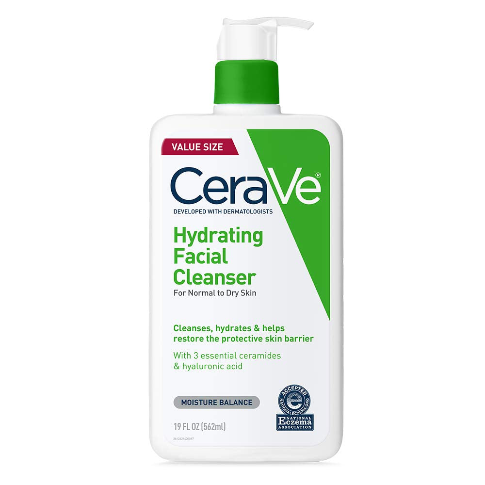Cerave Hydrating Facial Cleanser, Moisturizing Face Wash for Dry Skin, Hyaluronic Acid + Ceramides + Glycerin, Hydrating Cleanser for Normal to Dry Skin, National Eczema Association Certified