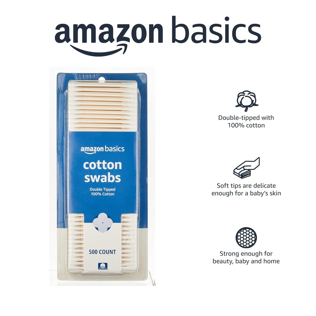 Amazon Basics Cotton Swabs for Personal Hygiene and Baby Care, 500 Count, 1 Pack