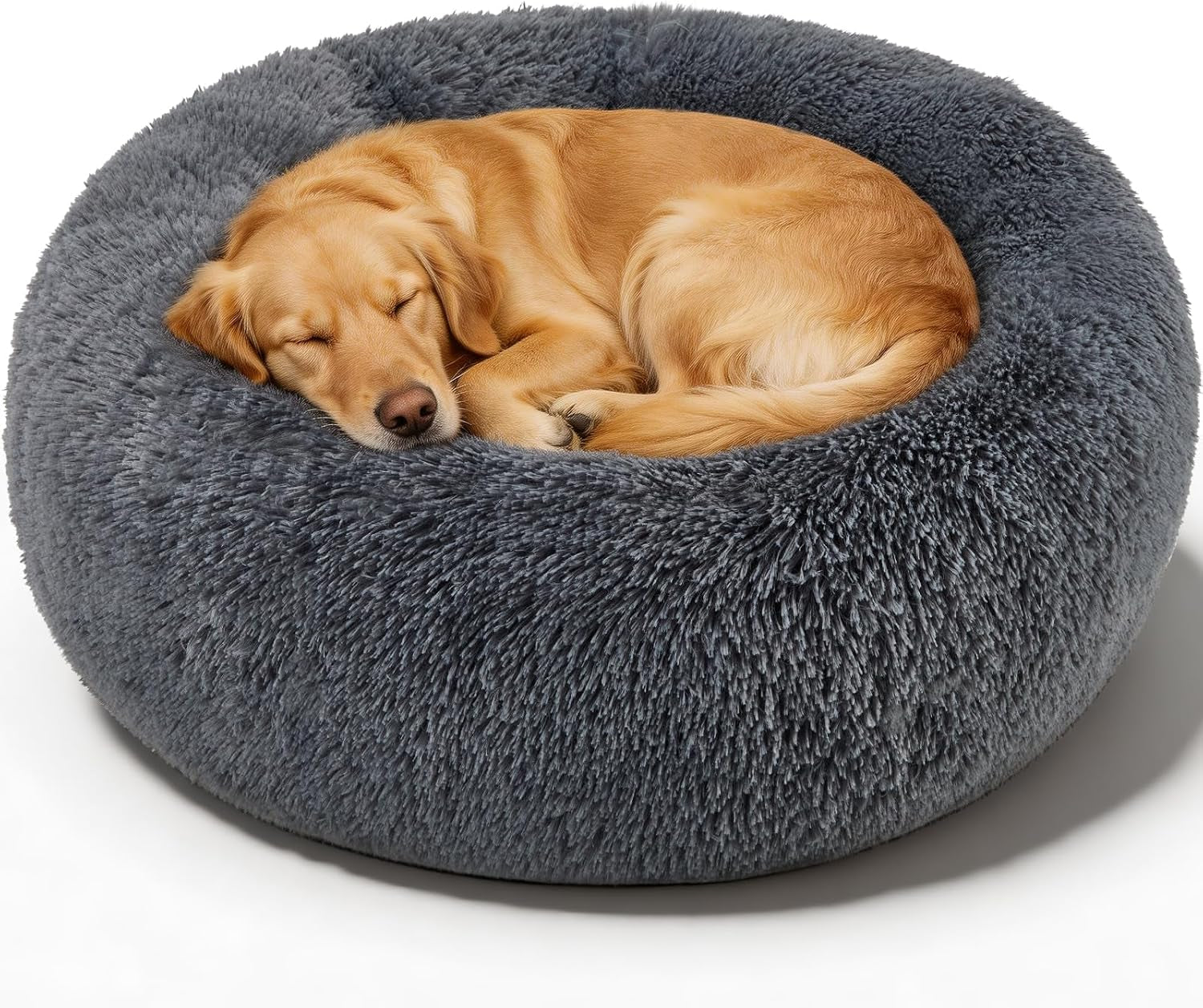Premium Round Donut Calming Bed for Dogs and Cats - Washable Anti-Slip Faux Fur Cuddler (28" Khaki)