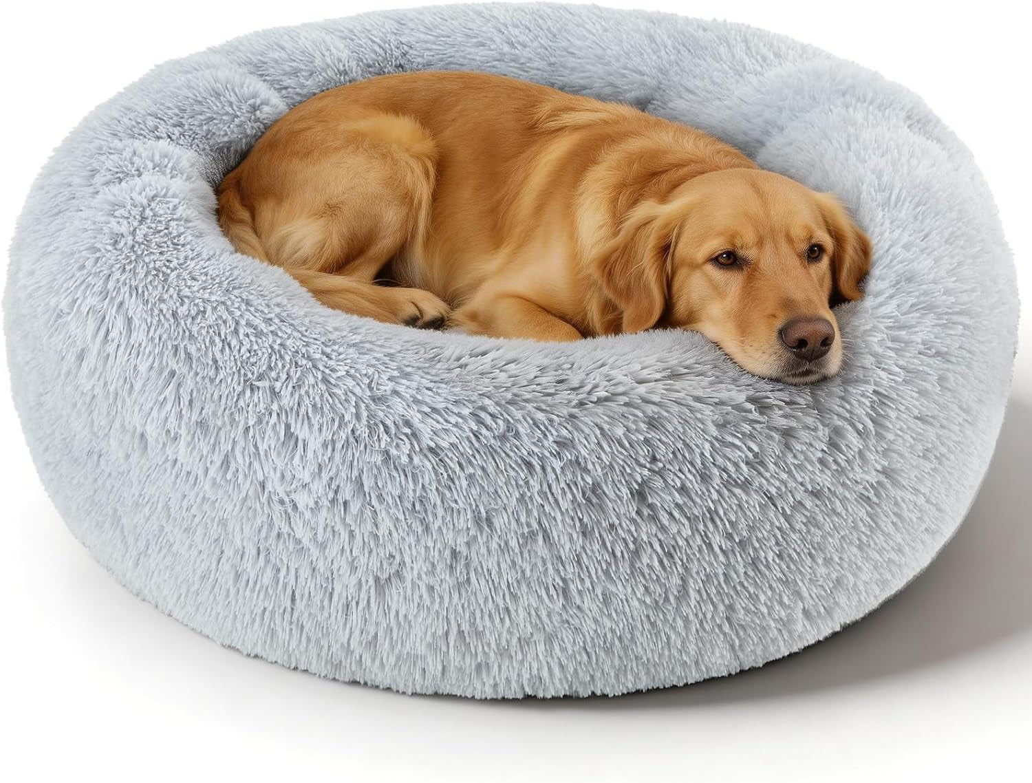 Premium Round Donut Calming Bed for Dogs and Cats - Washable Anti-Slip Faux Fur Cuddler (28" Khaki)