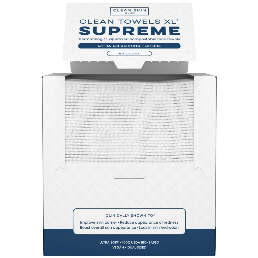 Clean Skin Club XL® Biobased Face Towels, 100% USDA Certified, Disposable Makeup Remover Wipes, Eczema Association Approved, Ultra Soft, 50 Count Pack