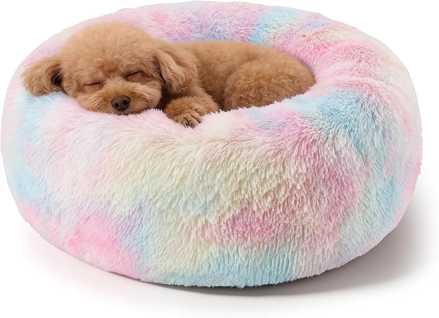 Premium Round Donut Calming Bed for Dogs and Cats - Washable Anti-Slip Faux Fur Cuddler (28" Khaki)