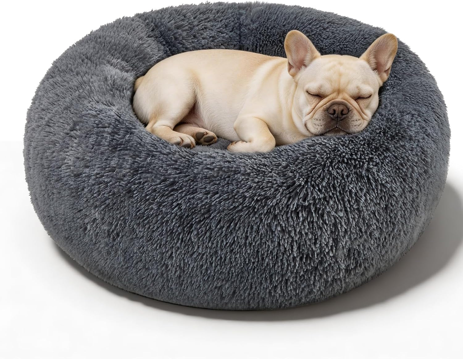 Premium Round Donut Calming Bed for Dogs and Cats - Washable Anti-Slip Faux Fur Cuddler (28" Khaki)