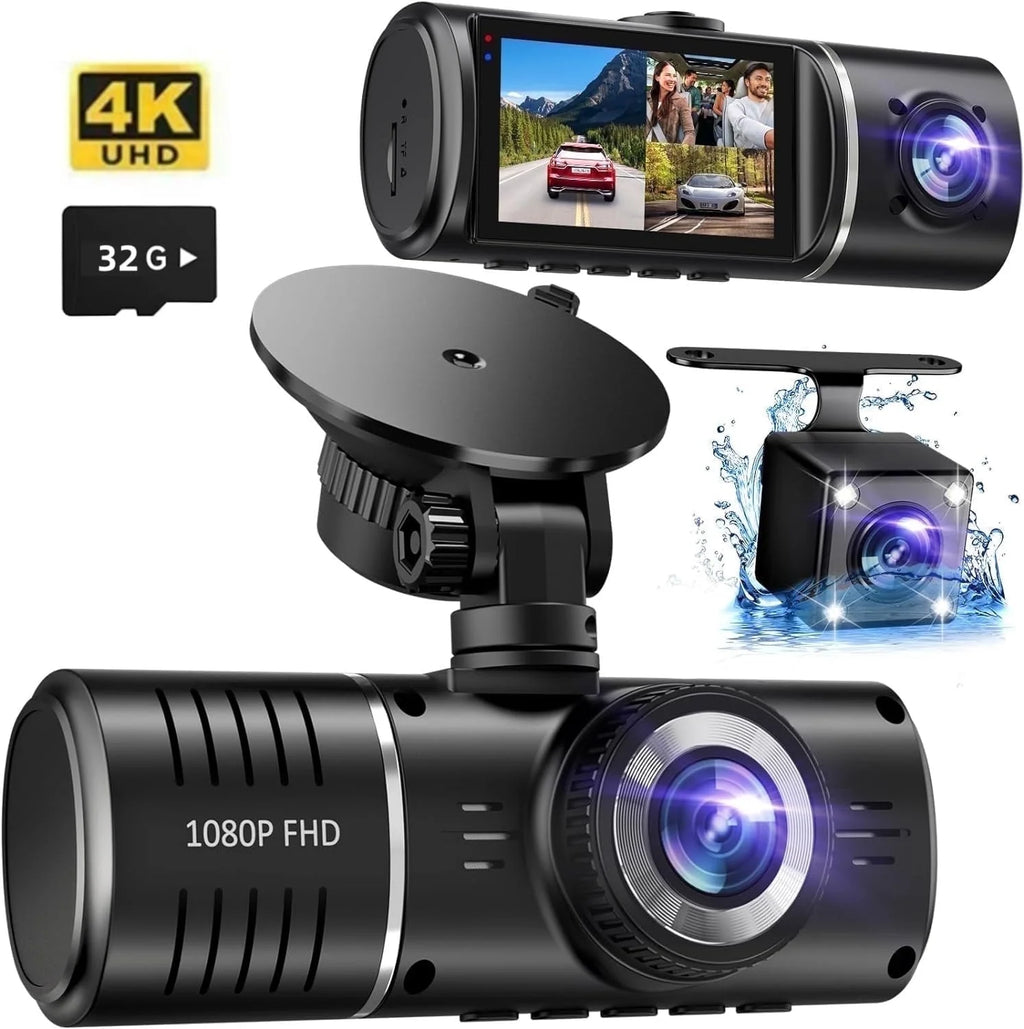 Ultimate 3-Channel Dash Cam: 4K Front, 1080P Cabin & Waterproof Rear Camera with Night Vision, G-Sensor & 32GB Card