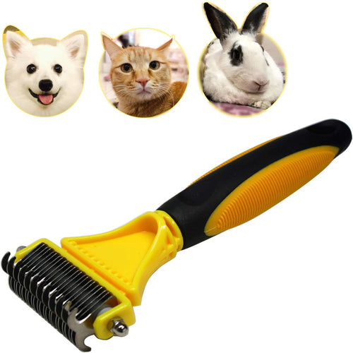 Professional Pet Dematting Comb - Dual-Sided Undercoat Rake for Cats and Dogs - Safe Grooming Tool for Effortless Mat and Tangle Removal - Ideal for Medium to Long Haired Breeds - Yellow