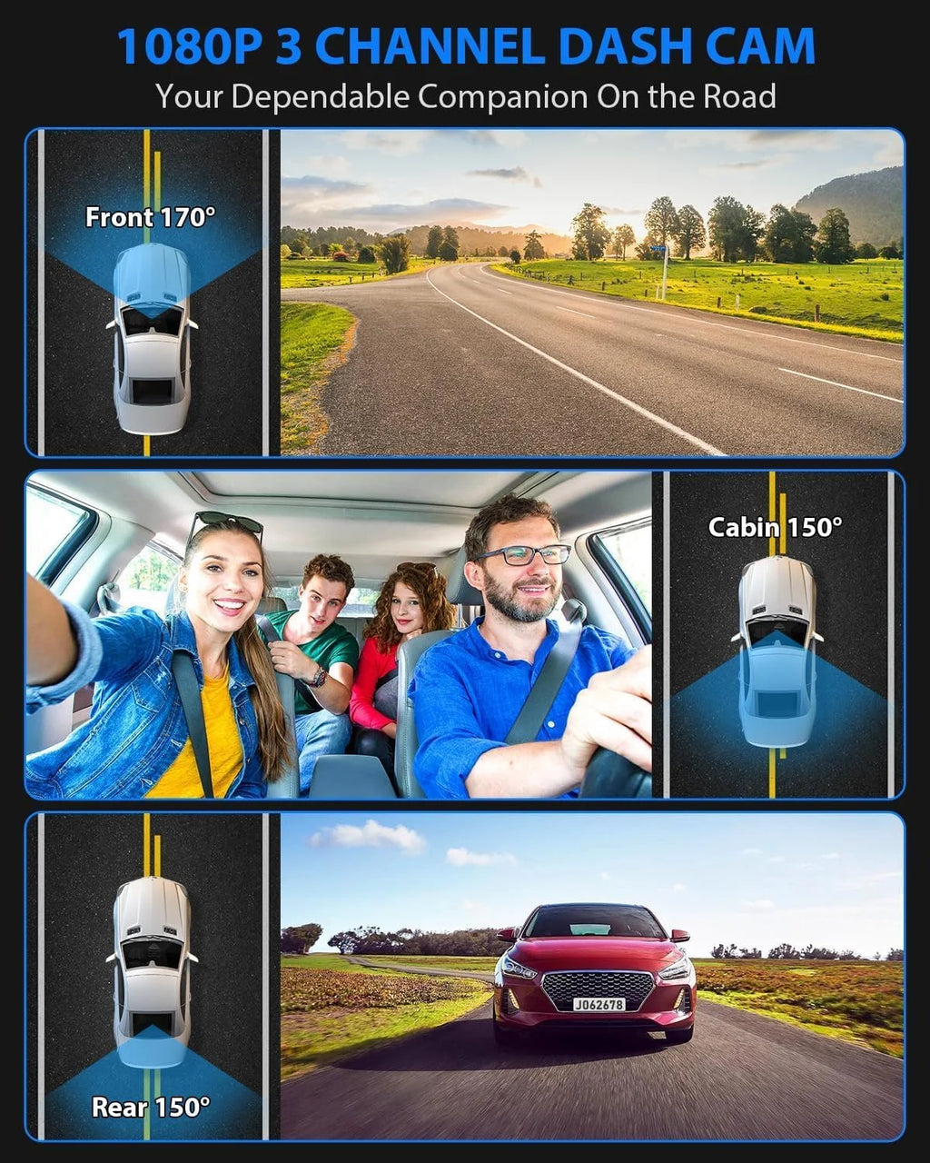 Ultimate 3-Channel Dash Cam: 4K Front, 1080P Cabin & Waterproof Rear Camera with Night Vision, G-Sensor & 32GB Card