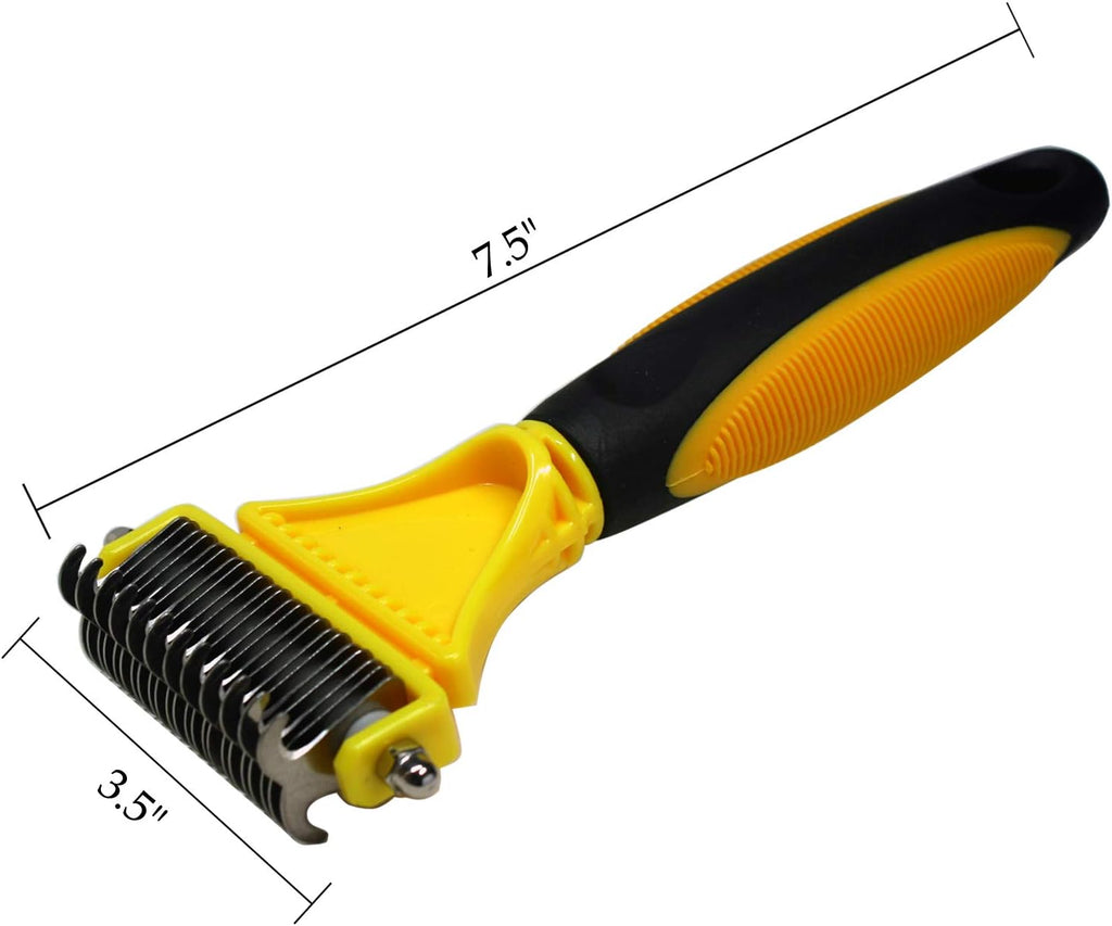 Professional Pet Dematting Comb - Dual-Sided Undercoat Rake for Cats and Dogs - Safe Grooming Tool for Effortless Mat and Tangle Removal - Ideal for Medium to Long Haired Breeds - Yellow