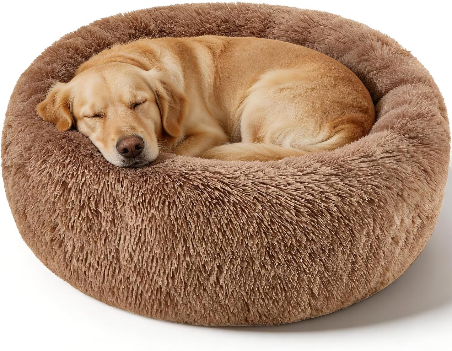 Premium Round Donut Calming Bed for Dogs and Cats - Washable Anti-Slip Faux Fur Cuddler (28" Khaki)