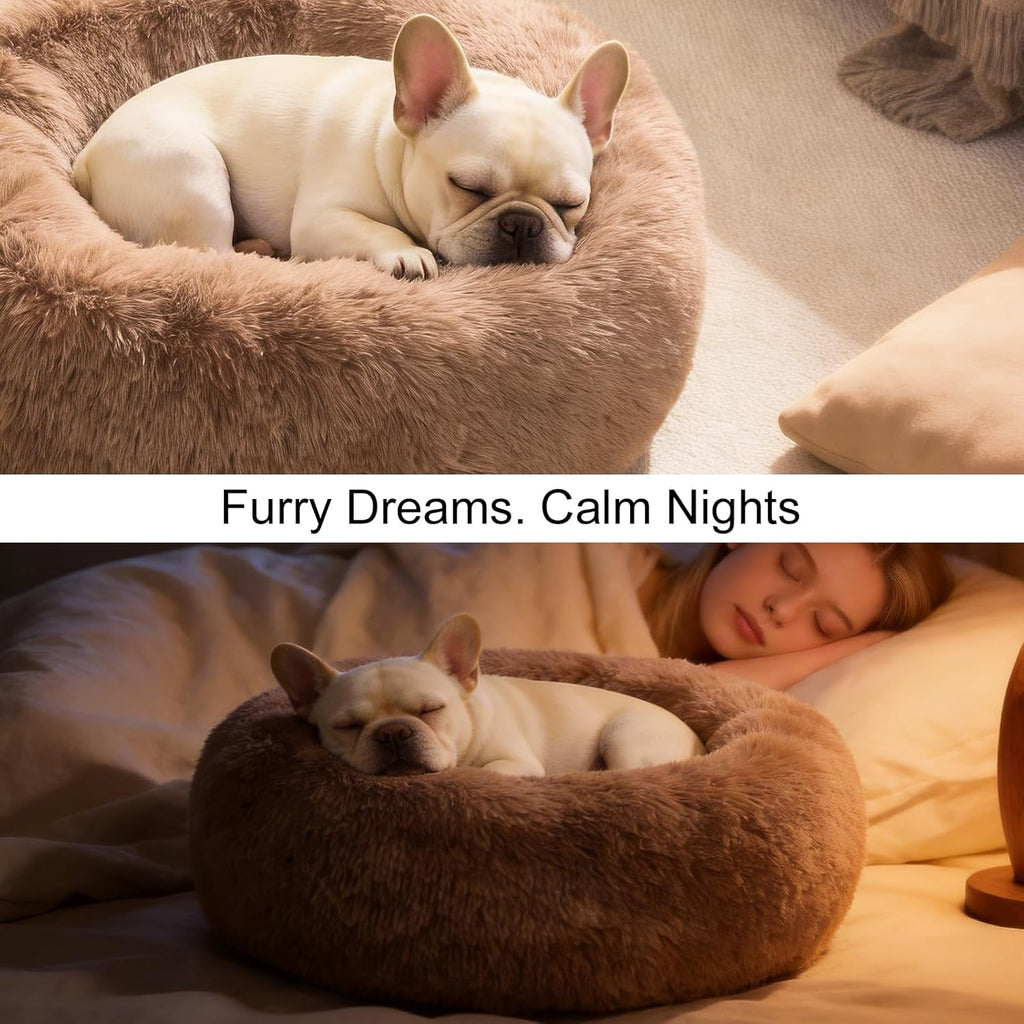 Premium Round Donut Calming Bed for Dogs and Cats - Washable Anti-Slip Faux Fur Cuddler (28" Khaki)