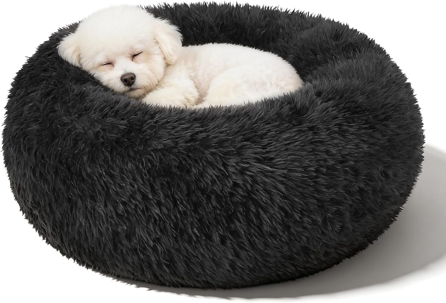 Premium Round Donut Calming Bed for Dogs and Cats - Washable Anti-Slip Faux Fur Cuddler (28" Khaki)