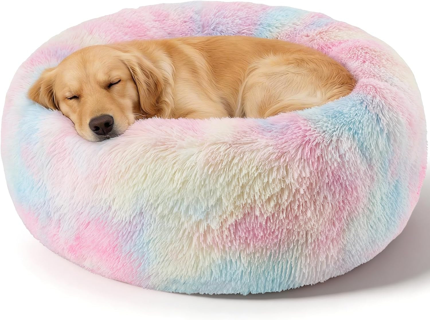 Premium Round Donut Calming Bed for Dogs and Cats - Washable Anti-Slip Faux Fur Cuddler (28" Khaki)