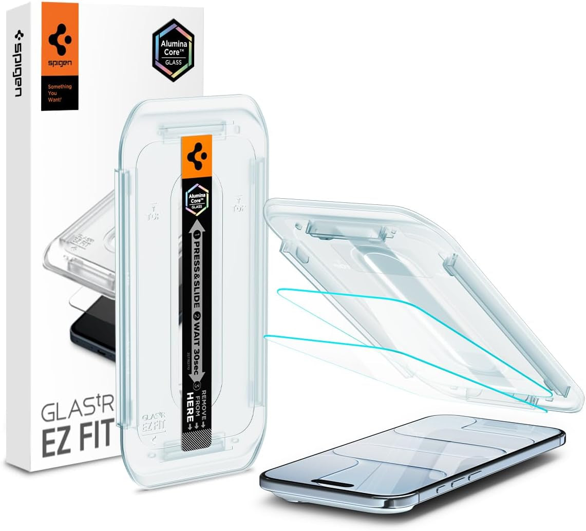 Ultimate Protection for Your iPhone: Spigen Aluminacore Tempered Glass Screen Protector for iPhone 17 Pro, 17, and 16 Pro - 9H+ Hardness, 2 Pack with EZ Fit Installation