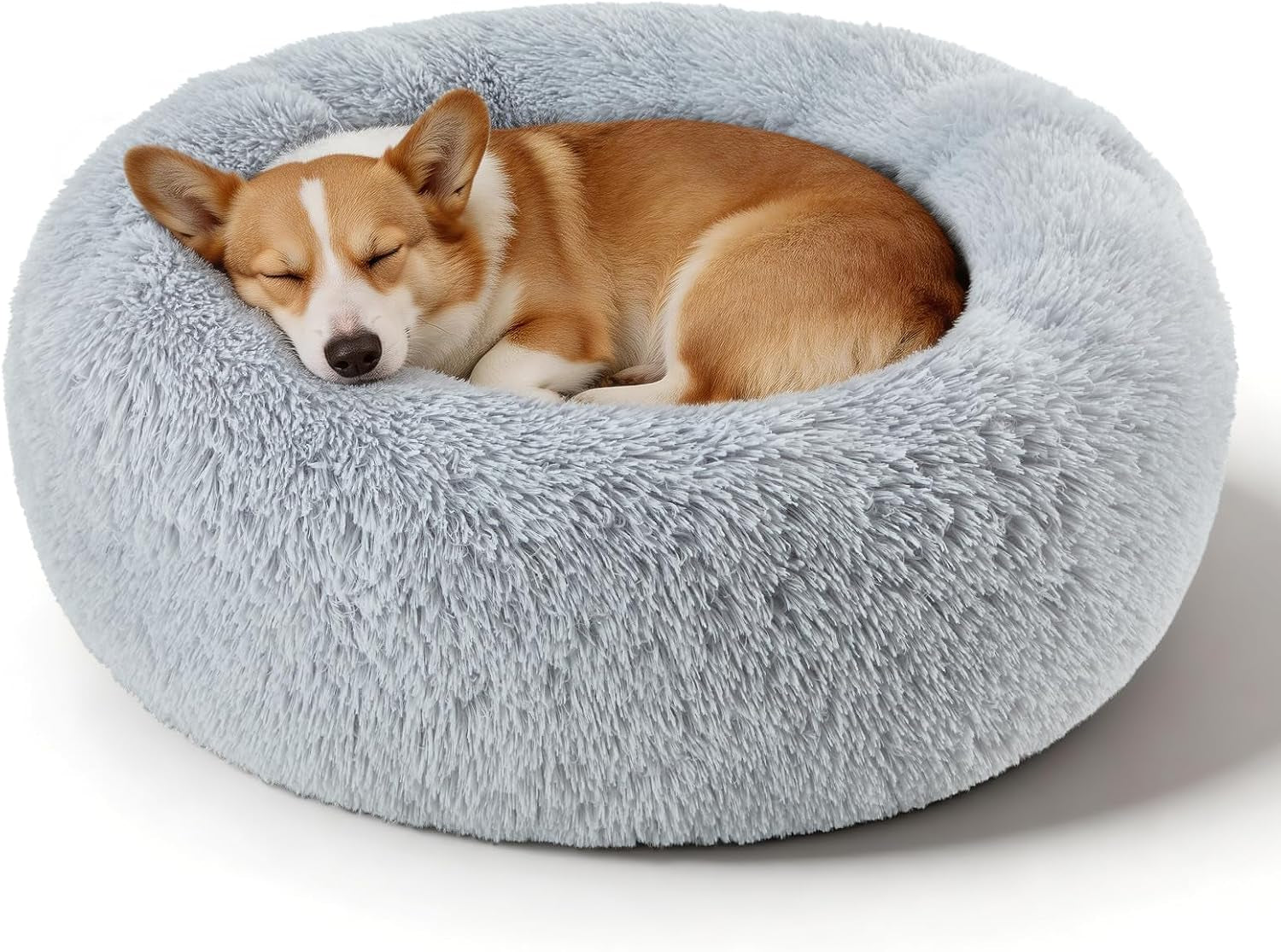 Premium Round Donut Calming Bed for Dogs and Cats - Washable Anti-Slip Faux Fur Cuddler (28" Khaki)