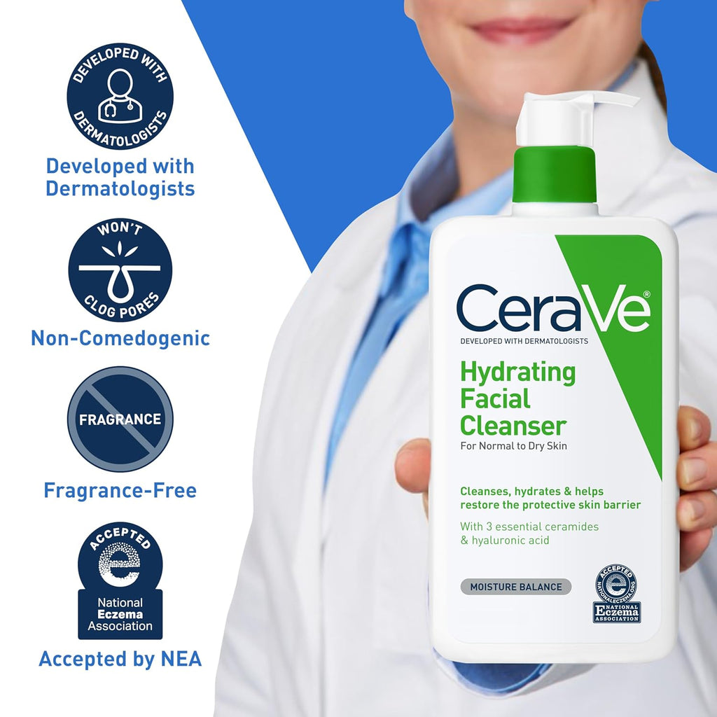 Cerave Hydrating Facial Cleanser, Moisturizing Face Wash for Dry Skin, Hyaluronic Acid + Ceramides + Glycerin, Hydrating Cleanser for Normal to Dry Skin, National Eczema Association Certified