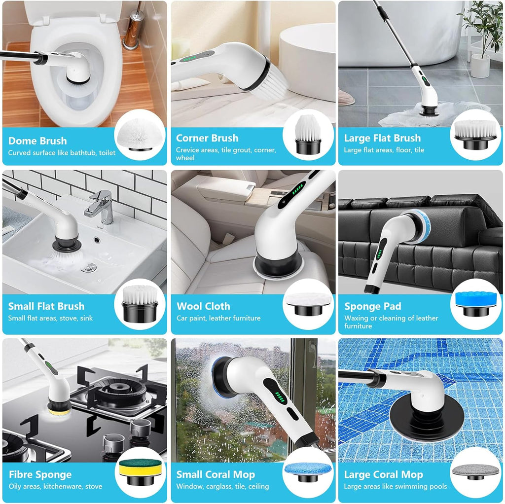 Cordless Electric Spin Scrubber with IPX7 Waterproof Design, 9 Interchangeable Brush Heads, and Adjustable Extension Handle for Comprehensive Bathroom Cleaning