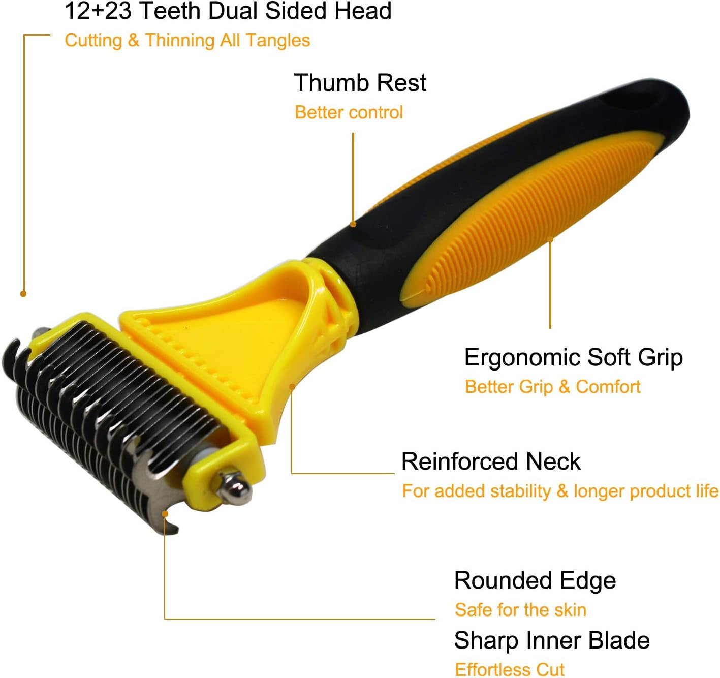 Professional Pet Dematting Comb - Dual-Sided Undercoat Rake for Cats and Dogs - Safe Grooming Tool for Effortless Mat and Tangle Removal - Ideal for Medium to Long Haired Breeds - Yellow