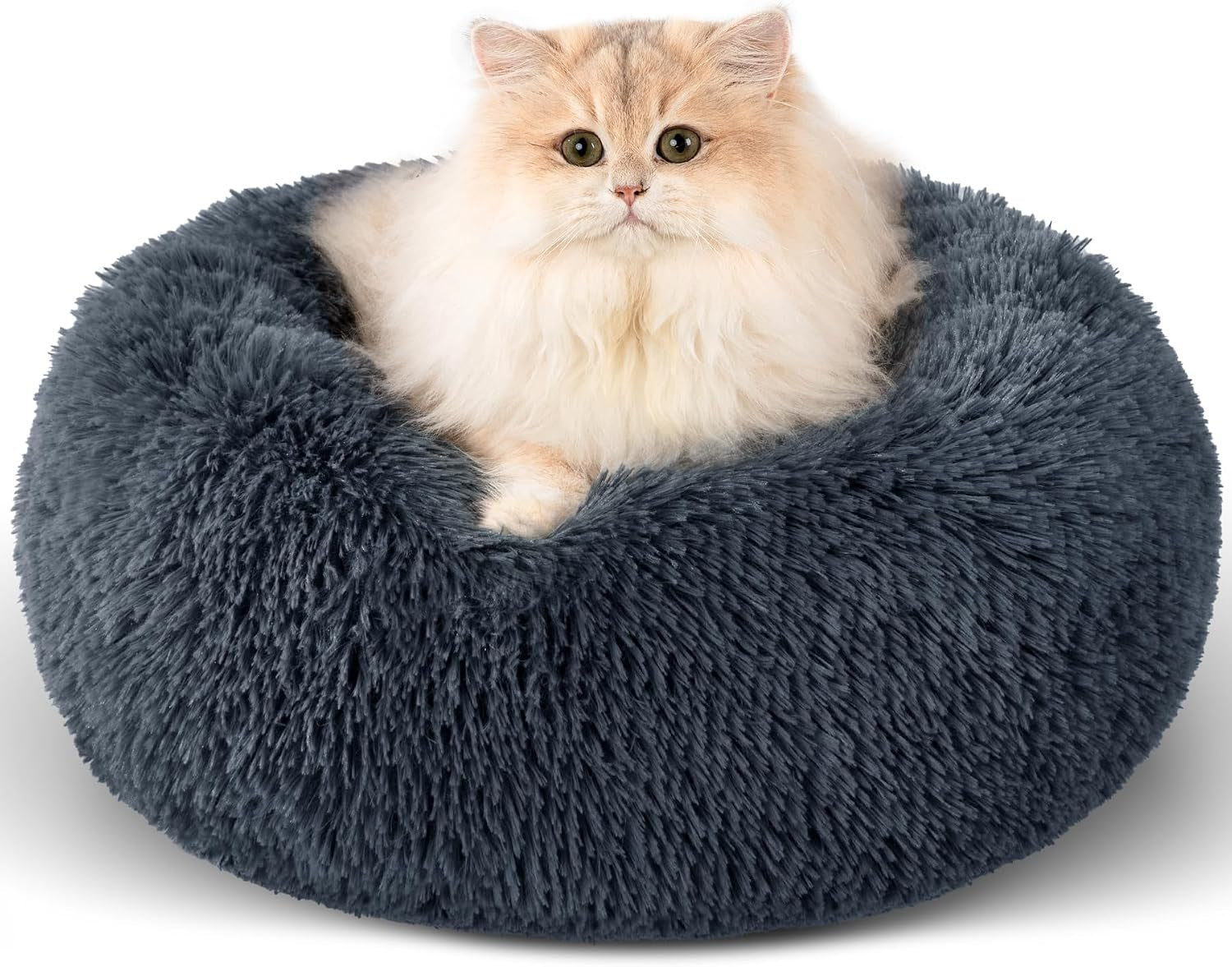 Premium Round Donut Calming Bed for Dogs and Cats - Washable Anti-Slip Faux Fur Cuddler (28" Khaki)