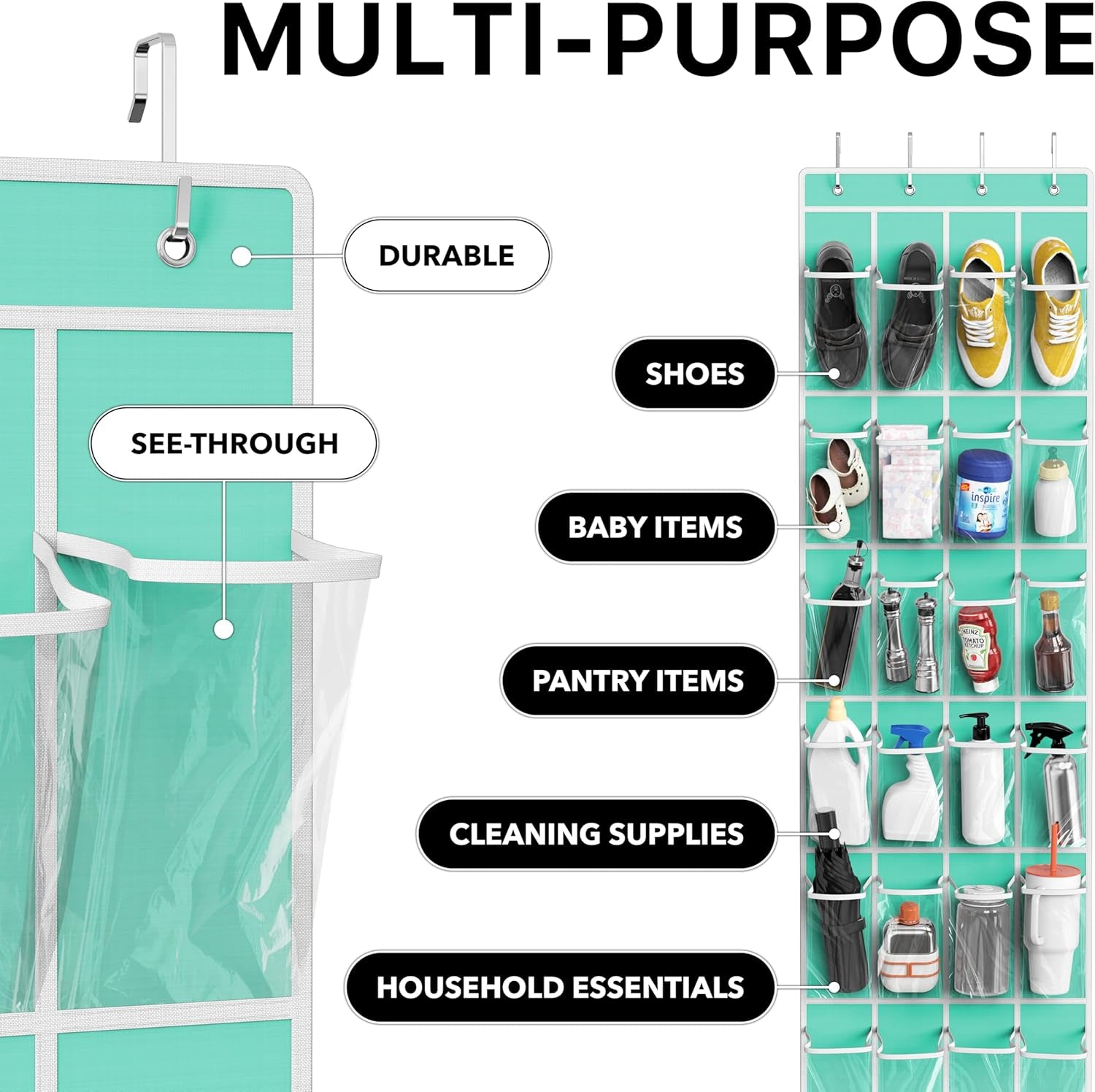 Simple Houseware 24 Pockets - Crystal Clear over the Door Hanging Shoe Organizer, Turquoise (64'' X 19'')