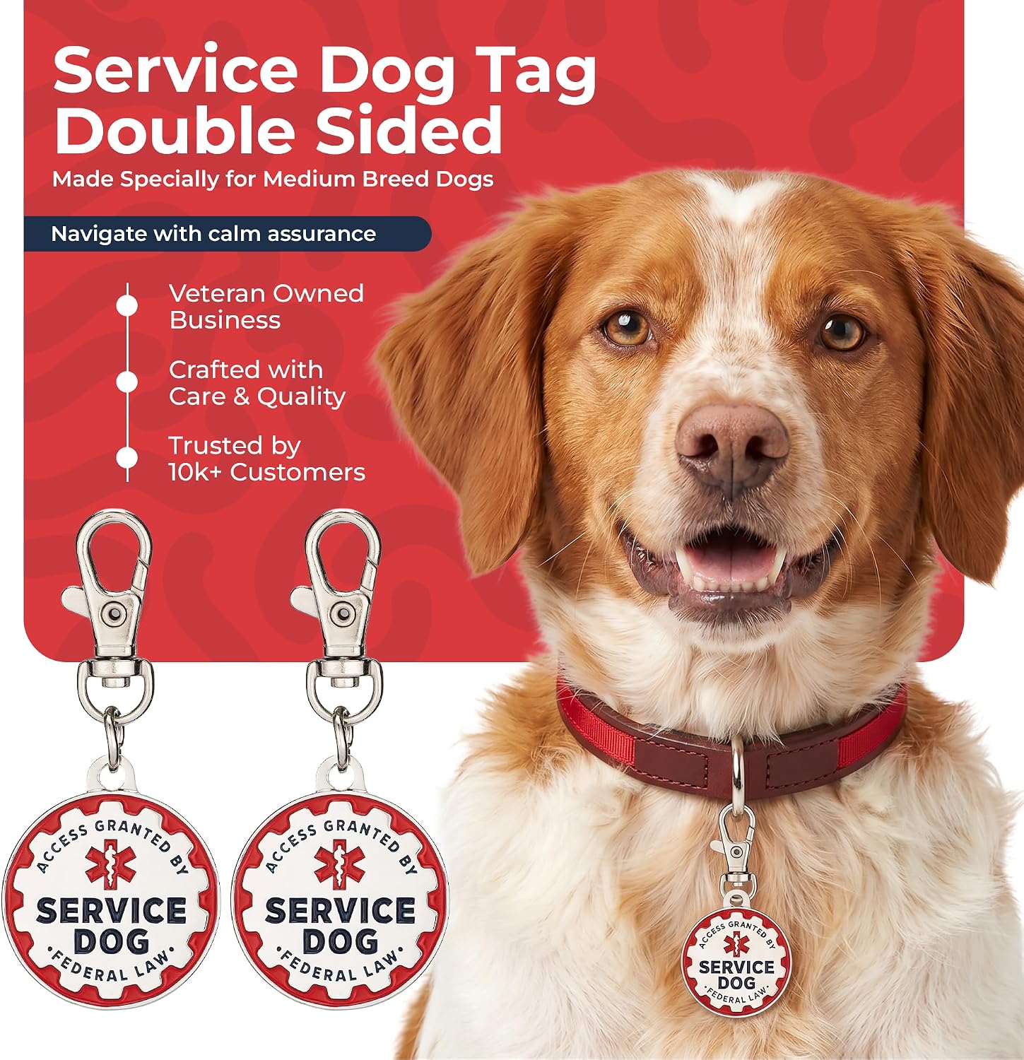 Industrial Puppy Service Dog Identification Tags, Set of 2: Durable Metal ID Tags for Service Animals, Emotional Support Dogs, and Therapy Dogs, 1.25 Inch Diameter, Double-Sided Design with Navy Lettering and Red Enamel Trim