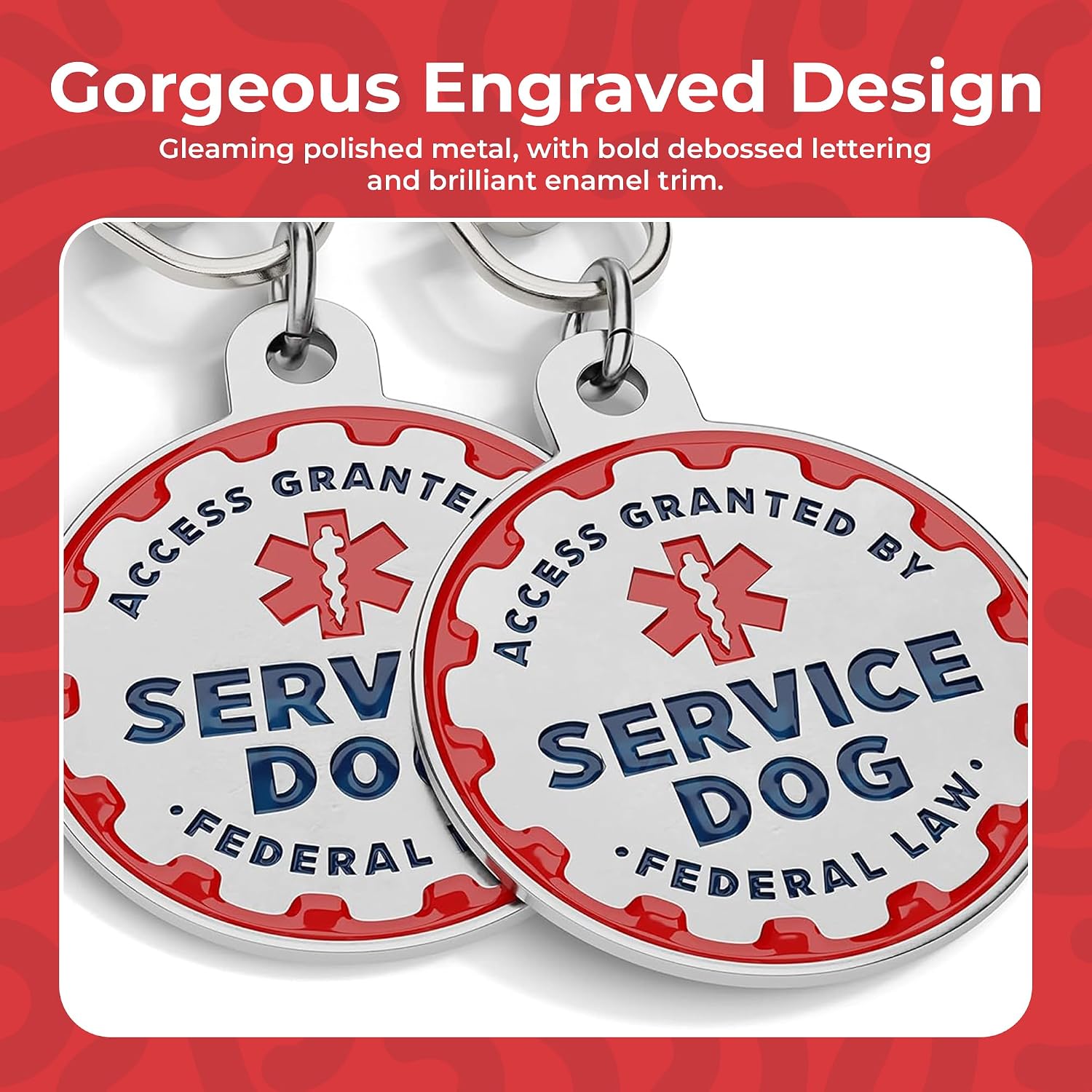 Industrial Puppy Service Dog Identification Tags, Set of 2: Durable Metal ID Tags for Service Animals, Emotional Support Dogs, and Therapy Dogs, 1.25 Inch Diameter, Double-Sided Design with Navy Lettering and Red Enamel Trim