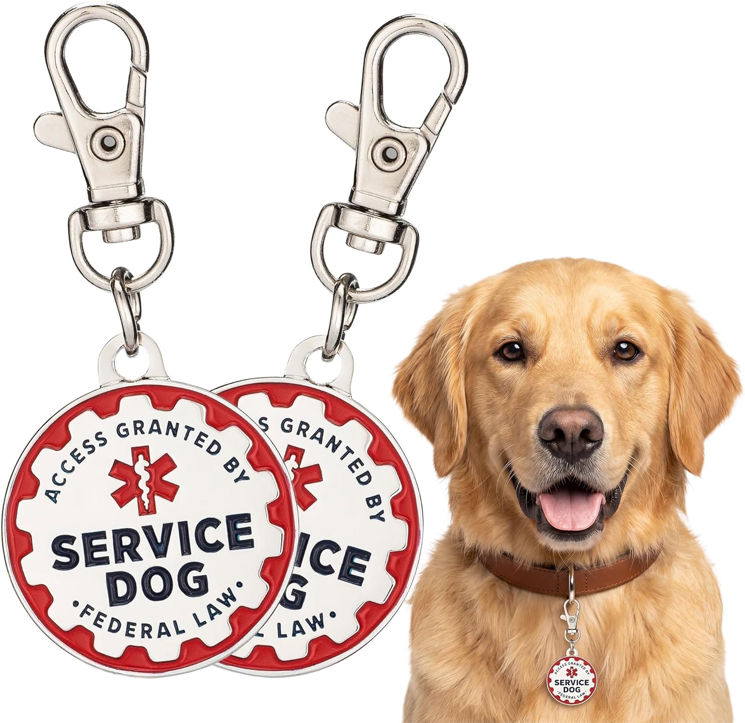 Industrial Puppy Service Dog Identification Tags, Set of 2: Durable Metal ID Tags for Service Animals, Emotional Support Dogs, and Therapy Dogs, 1.25 Inch Diameter, Double-Sided Design with Navy Lettering and Red Enamel Trim