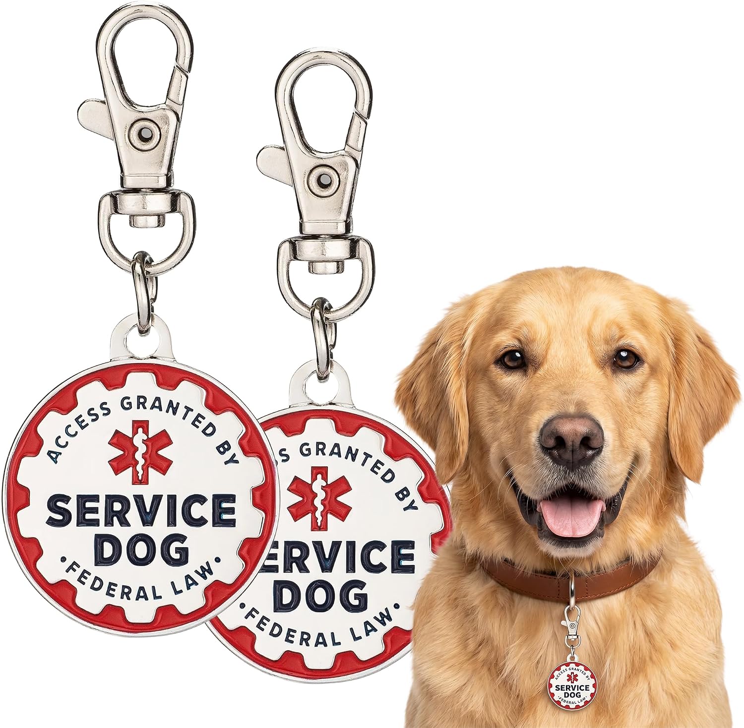 Industrial Puppy Service Dog Identification Tags, Set of 2: Durable Metal ID Tags for Service Animals, Emotional Support Dogs, and Therapy Dogs, 1.25 Inch Diameter, Double-Sided Design with Navy Lettering and Red Enamel Trim