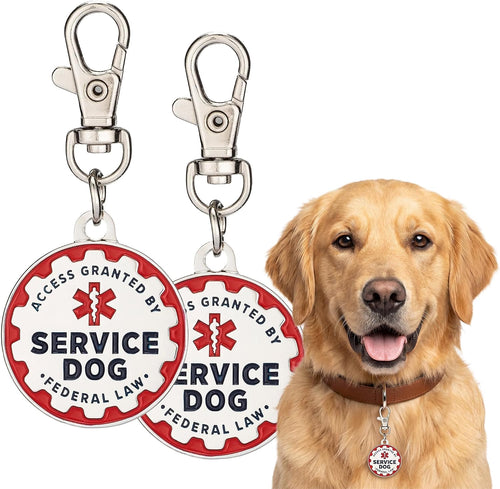 Industrial Puppy Service Dog Identification Tags, Set of 2: Durable Metal ID Tags for Service Animals, Emotional Support Dogs, and Therapy Dogs, 1.25 Inch Diameter, Double-Sided Design with Navy Lettering and Red Enamel Trim