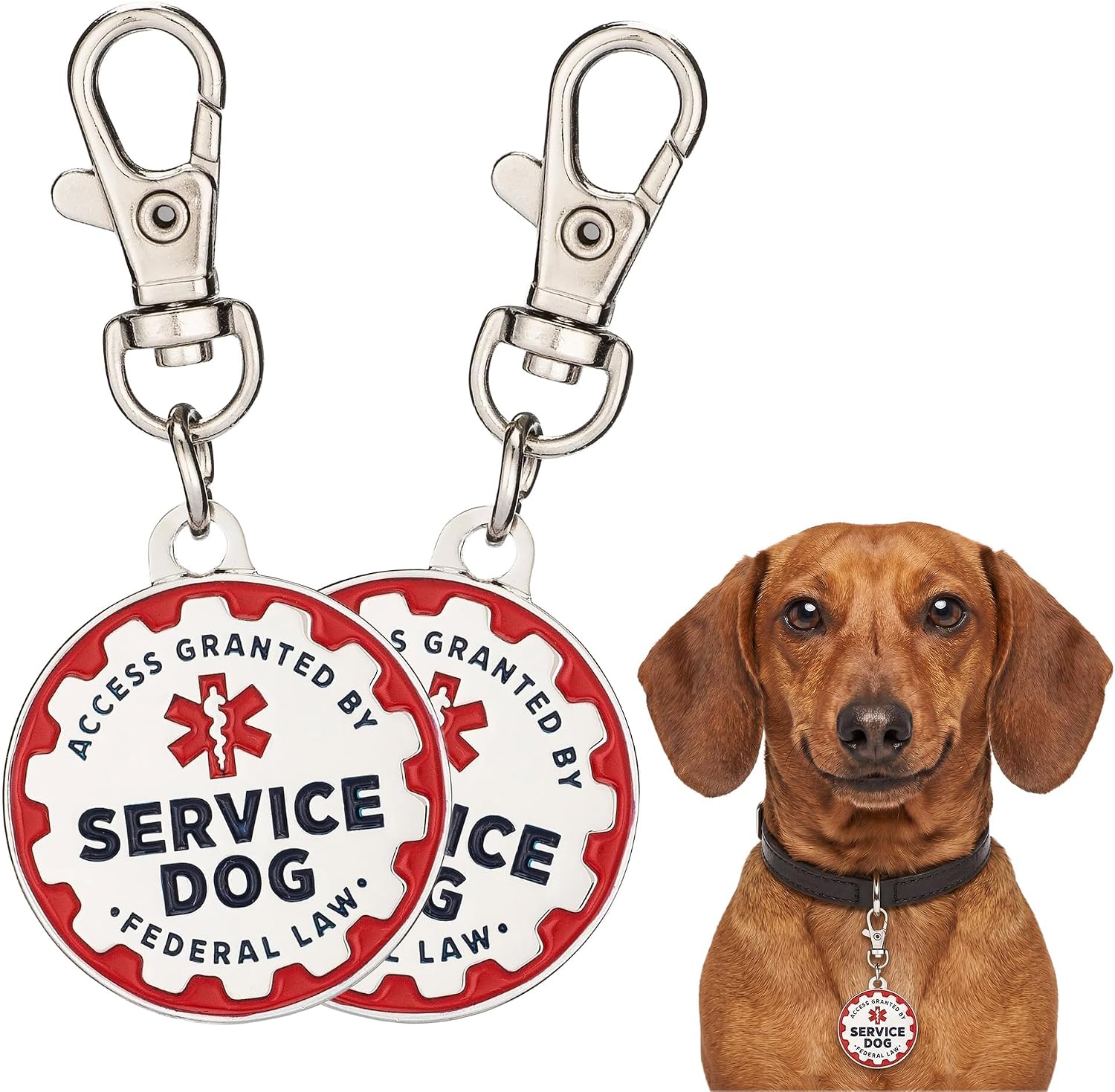 Industrial Puppy Service Dog Identification Tags, Set of 2: Durable Metal ID Tags for Service Animals, Emotional Support Dogs, and Therapy Dogs, 1.25 Inch Diameter, Double-Sided Design with Navy Lettering and Red Enamel Trim