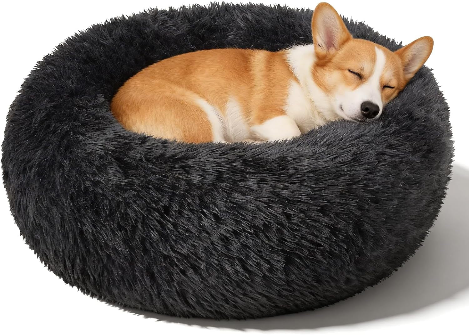 Premium Round Donut Calming Bed for Dogs and Cats - Washable Anti-Slip Faux Fur Cuddler (28" Khaki)