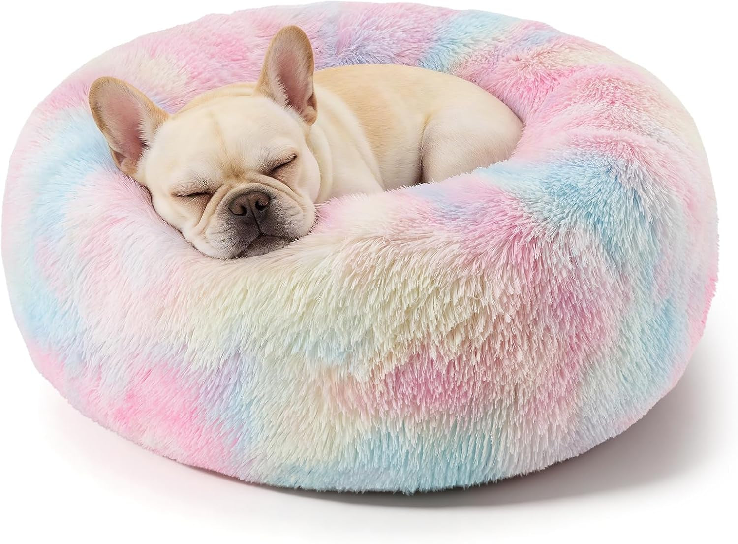 Premium Round Donut Calming Bed for Dogs and Cats - Washable Anti-Slip Faux Fur Cuddler (28" Khaki)