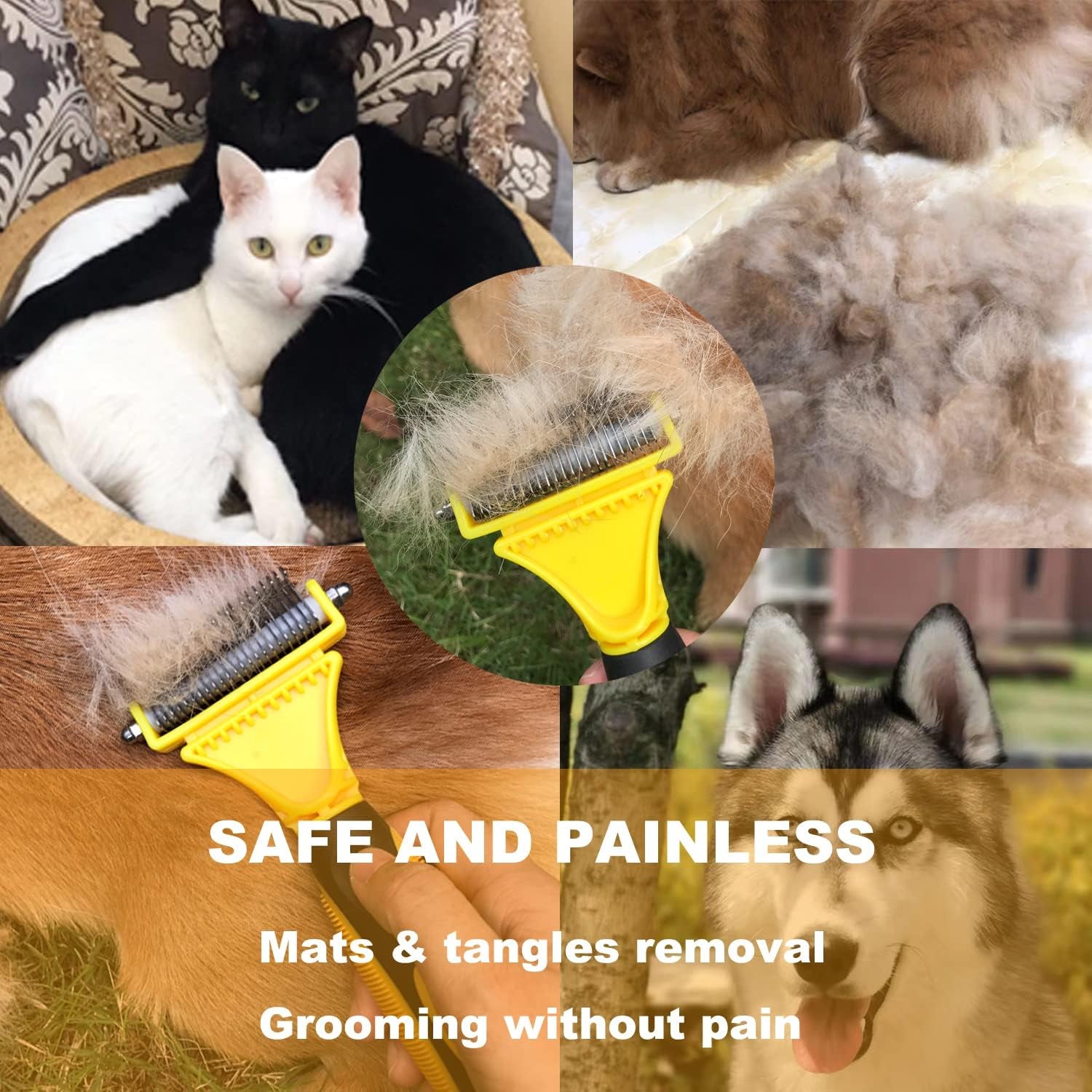 Professional Pet Dematting Comb - Dual-Sided Undercoat Rake for Cats and Dogs - Safe Grooming Tool for Effortless Mat and Tangle Removal - Ideal for Medium to Long Haired Breeds - Yellow
