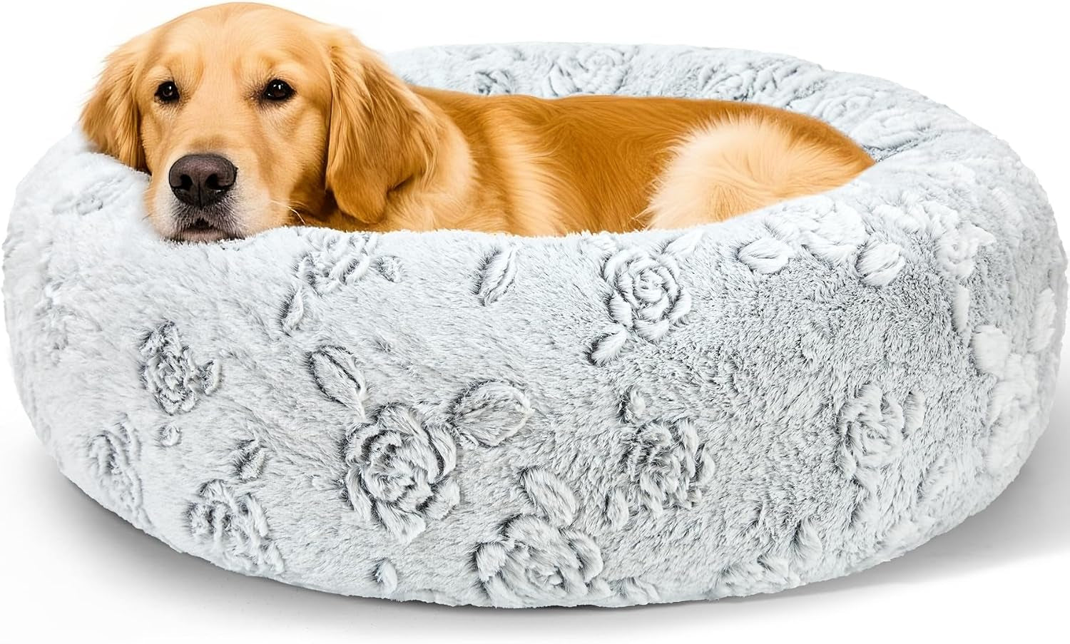 Premium Round Donut Calming Bed for Dogs and Cats - Washable Anti-Slip Faux Fur Cuddler (28" Khaki)