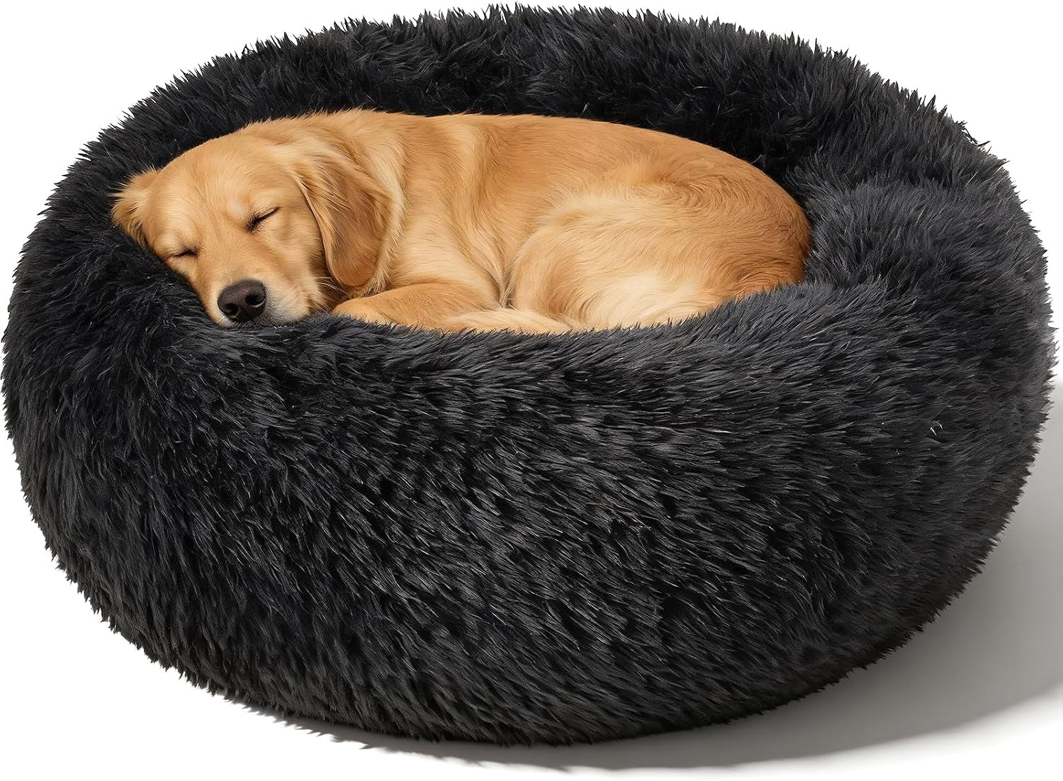 Premium Round Donut Calming Bed for Dogs and Cats - Washable Anti-Slip Faux Fur Cuddler (28" Khaki)