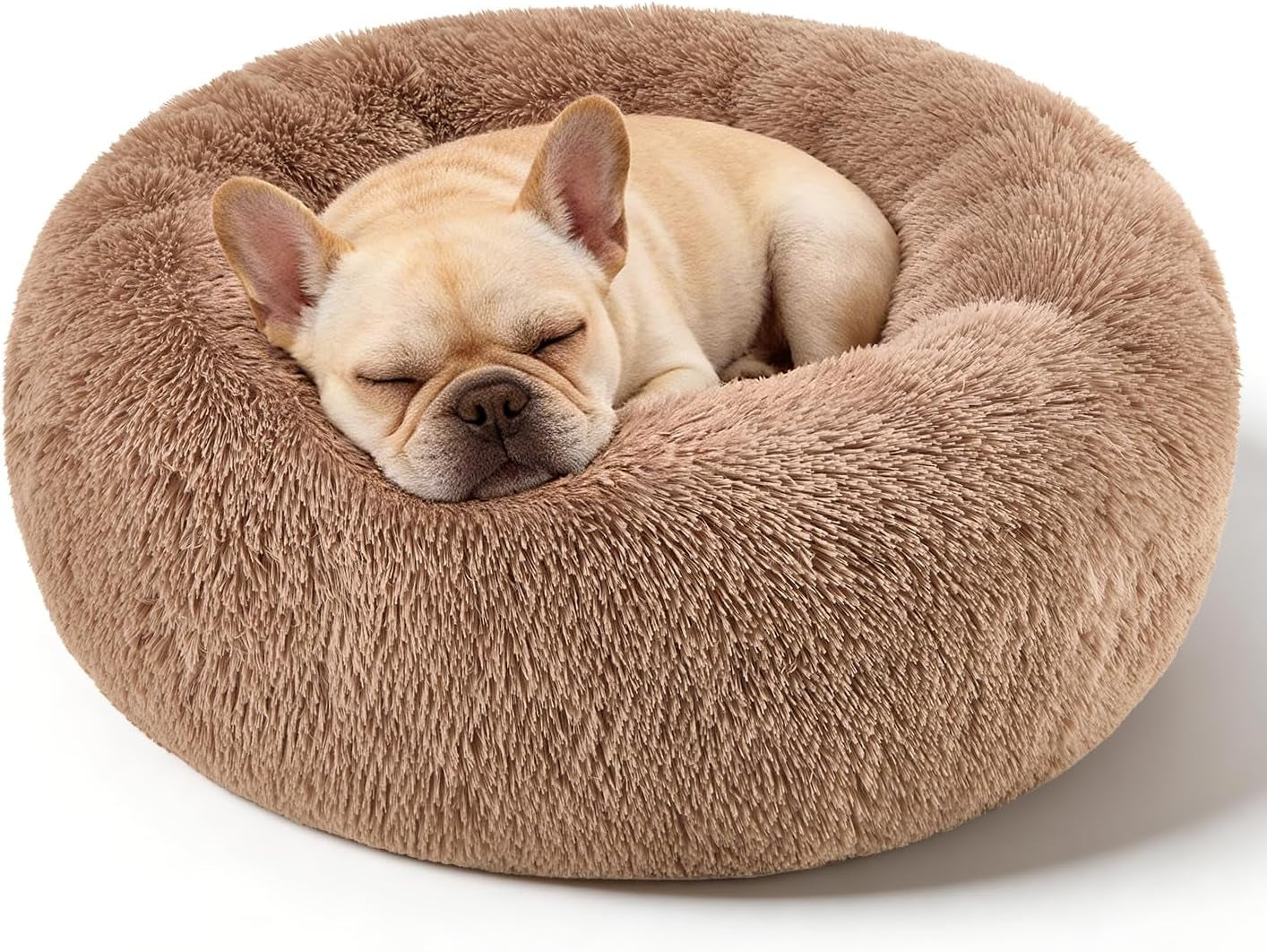 Premium Round Donut Calming Bed for Dogs and Cats - Washable Anti-Slip Faux Fur Cuddler (28" Khaki)