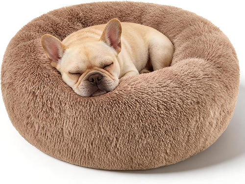 Premium Round Donut Calming Bed for Dogs and Cats - Washable Anti-Slip Faux Fur Cuddler (28" Khaki)