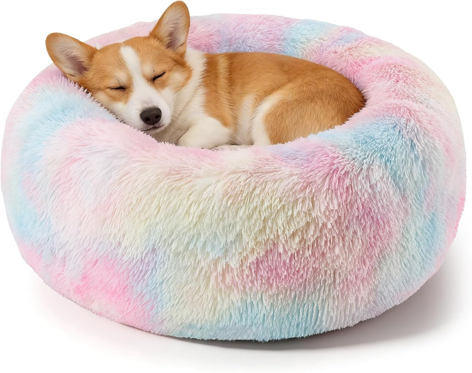 Premium Round Donut Calming Bed for Dogs and Cats - Washable Anti-Slip Faux Fur Cuddler (28" Khaki)