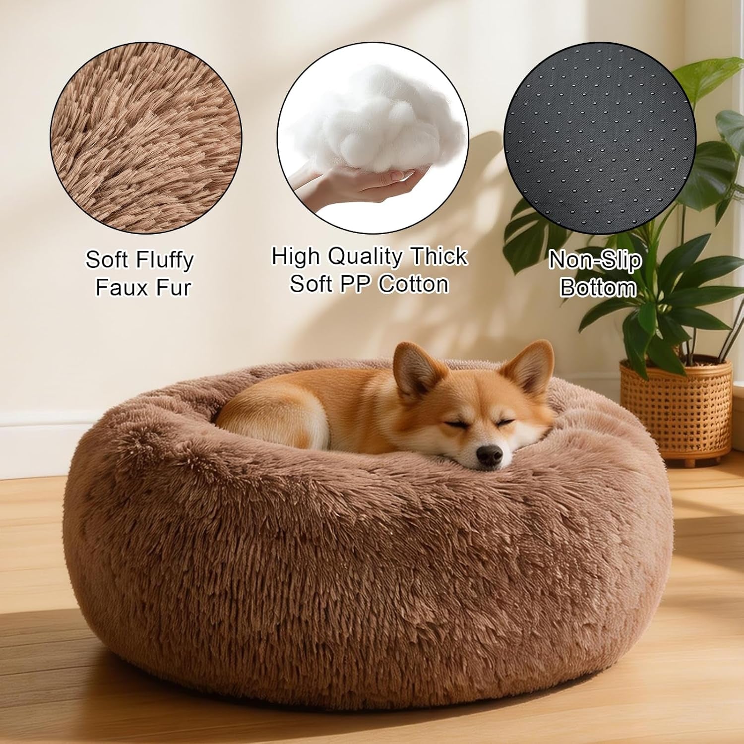 Premium Round Donut Calming Bed for Dogs and Cats - Washable Anti-Slip Faux Fur Cuddler (28" Khaki)
