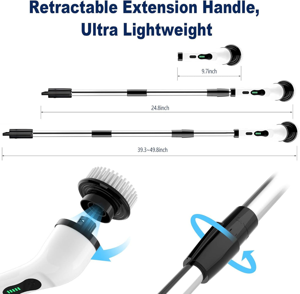 Cordless Electric Spin Scrubber with IPX7 Waterproof Design, 9 Interchangeable Brush Heads, and Adjustable Extension Handle for Comprehensive Bathroom Cleaning