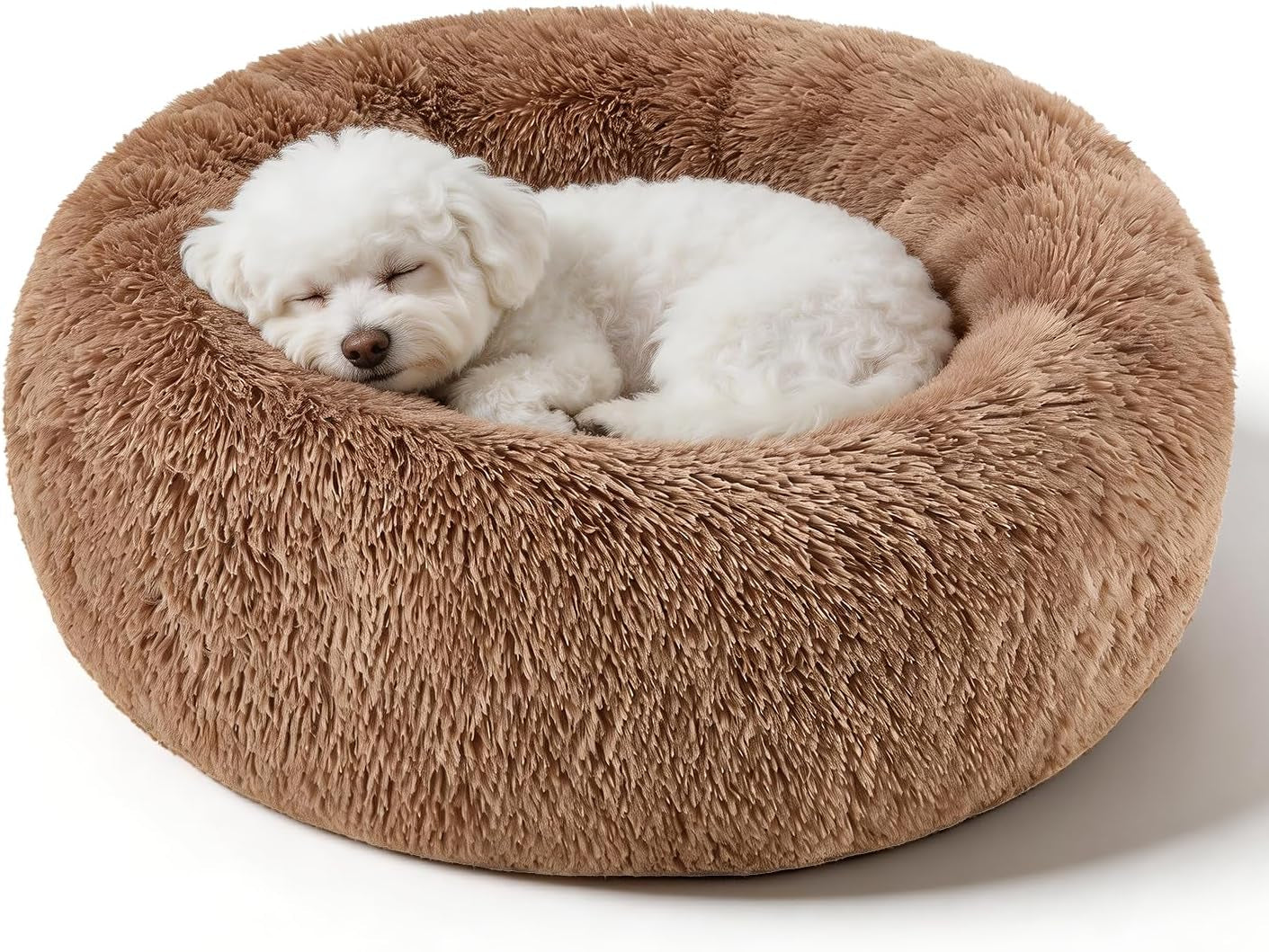 Premium Round Donut Calming Bed for Dogs and Cats - Washable Anti-Slip Faux Fur Cuddler (28" Khaki)