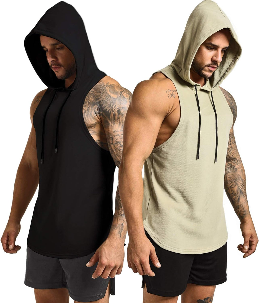 GYM REVOLUTION Men'S 2 Pack Workout Hooded Tank Top Cut off Bodybuilding Muscle Shirt Hoodies Gym Pullover Sleeveless T-Shirts Black Green L