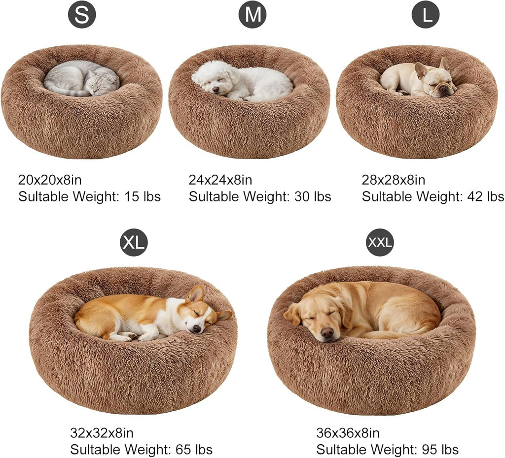 Premium Round Donut Calming Bed for Dogs and Cats - Washable Anti-Slip Faux Fur Cuddler (28" Khaki)