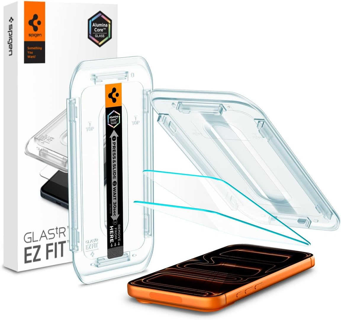 Ultimate Protection for Your iPhone: Spigen Aluminacore Tempered Glass Screen Protector for iPhone 17 Pro, 17, and 16 Pro - 9H+ Hardness, 2 Pack with EZ Fit Installation
