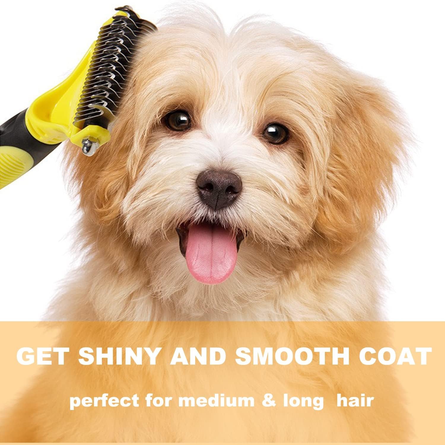 Professional Pet Dematting Comb - Dual-Sided Undercoat Rake for Cats and Dogs - Safe Grooming Tool for Effortless Mat and Tangle Removal - Ideal for Medium to Long Haired Breeds - Yellow