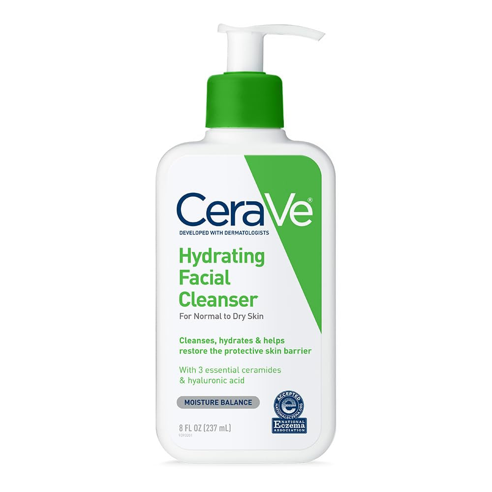 Cerave Hydrating Facial Cleanser, Moisturizing Face Wash for Dry Skin, Hyaluronic Acid + Ceramides + Glycerin, Hydrating Cleanser for Normal to Dry Skin, National Eczema Association Certified