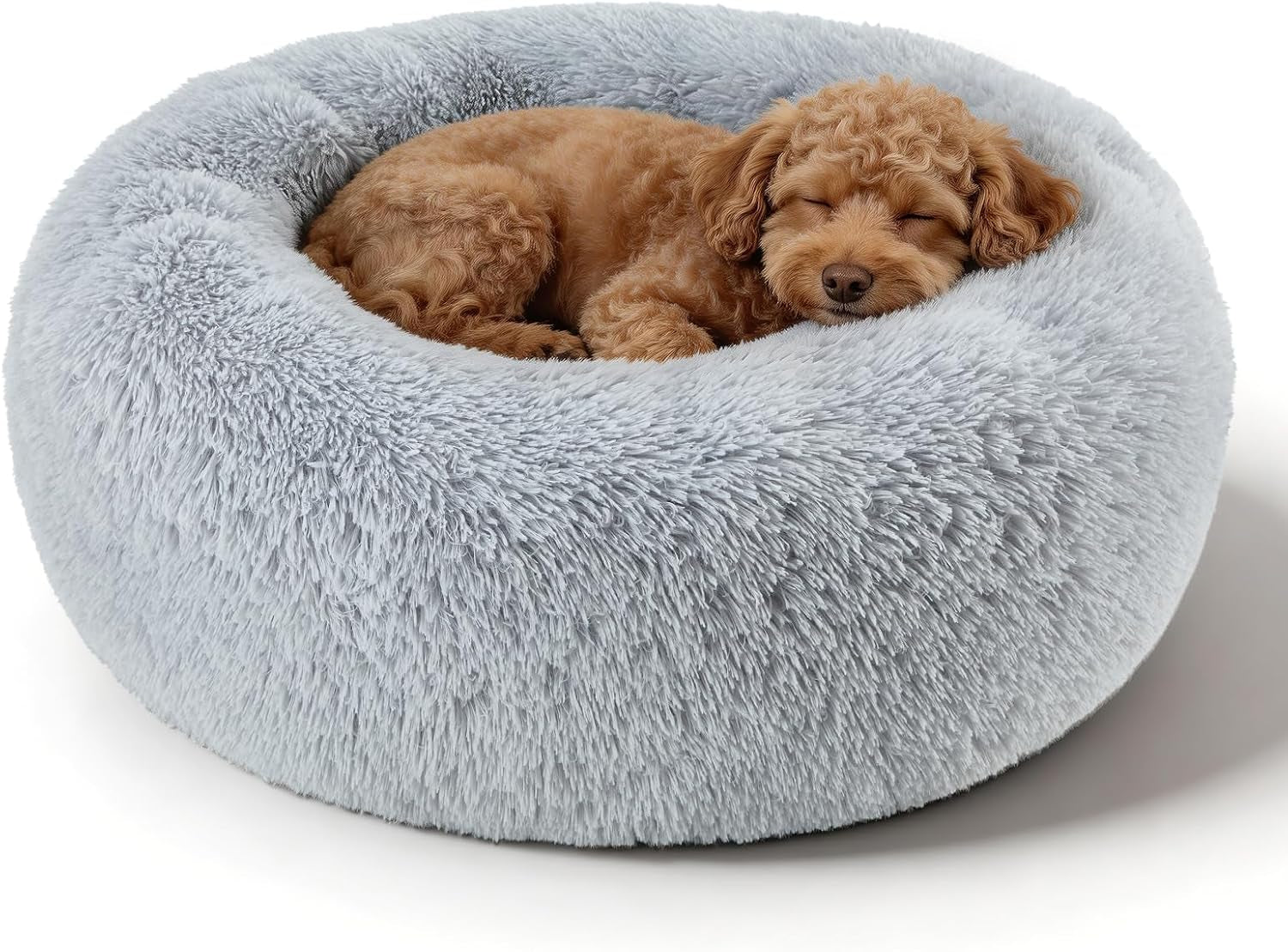 Premium Round Donut Calming Bed for Dogs and Cats - Washable Anti-Slip Faux Fur Cuddler (28" Khaki)