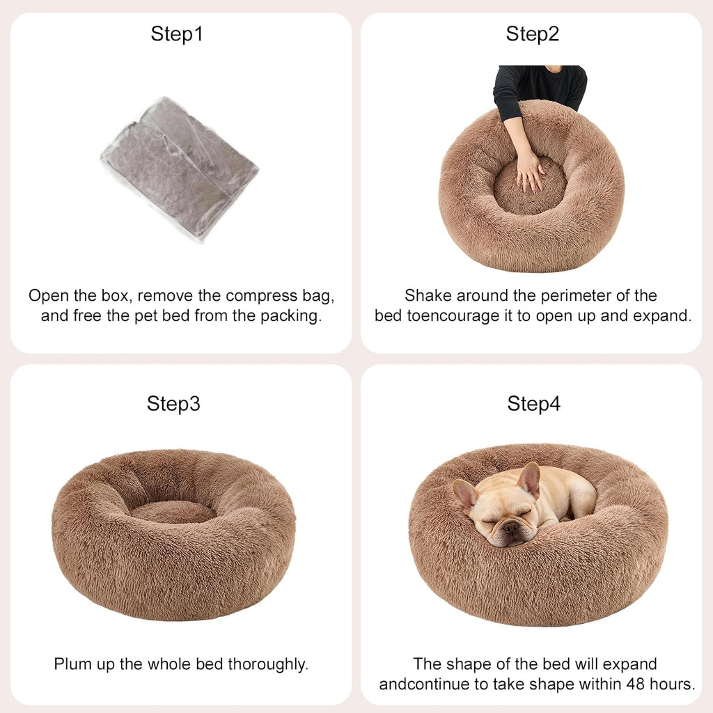 Premium Round Donut Calming Bed for Dogs and Cats - Washable Anti-Slip Faux Fur Cuddler (28" Khaki)