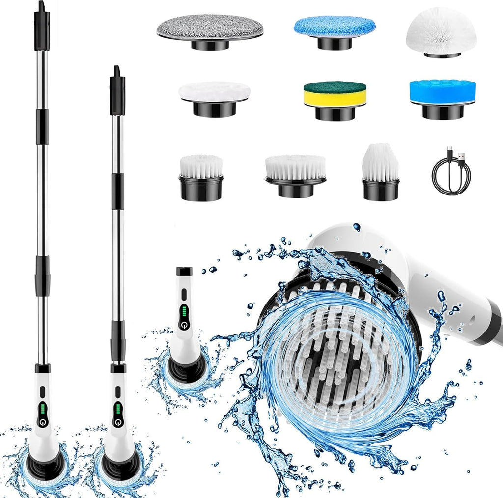 Cordless Electric Spin Scrubber with IPX7 Waterproof Design, 9 Interchangeable Brush Heads, and Adjustable Extension Handle for Comprehensive Bathroom Cleaning
