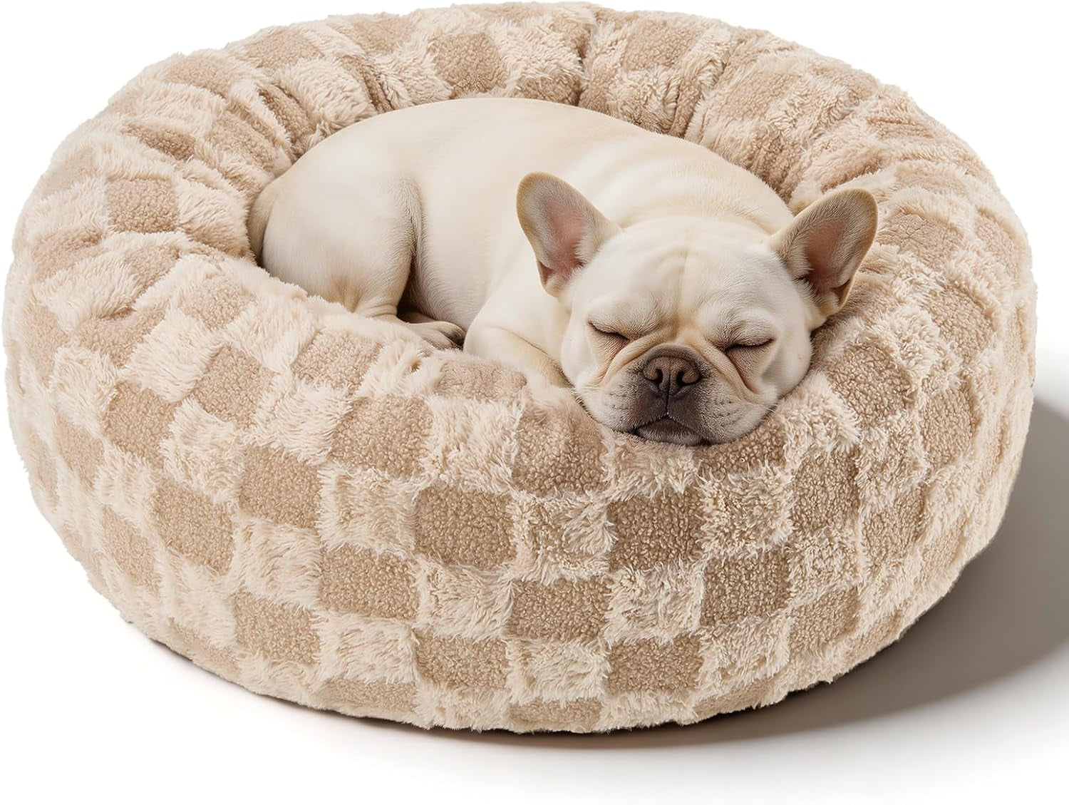 Premium Round Donut Calming Bed for Dogs and Cats - Washable Anti-Slip Faux Fur Cuddler (28" Khaki)