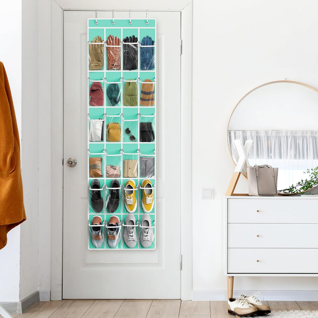 Simple Houseware 24 Pockets - Crystal Clear over the Door Hanging Shoe Organizer, Turquoise (64'' X 19'')