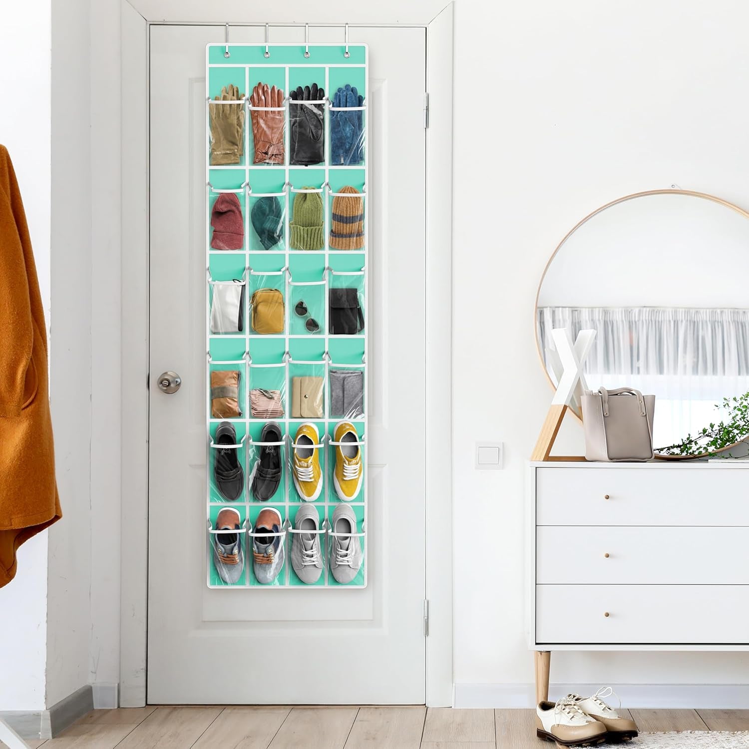Simple Houseware 24 Pockets - Crystal Clear over the Door Hanging Shoe Organizer, Turquoise (64'' X 19'')